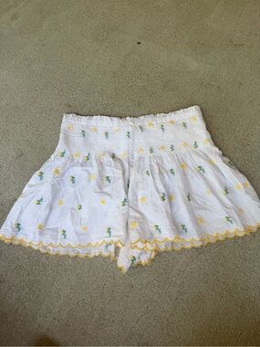 Joie White Smocked Waist Floral Embroidered Shorts with Yellow Trim